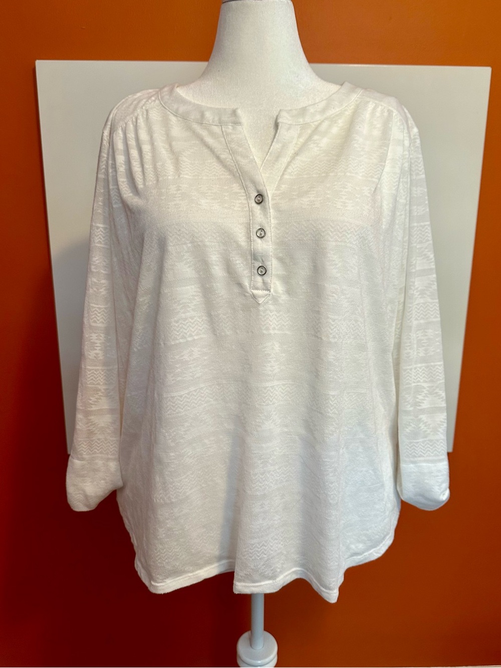 Hearts of Palm Woman White Textured Henley Blouse 3X